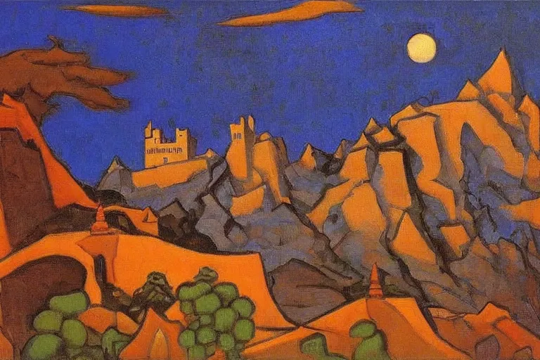 Image similar to A oil painting of a castle in the mountains at night by Nicholas Roerich, by Georgia o Keeffe, by Gustave Moreau