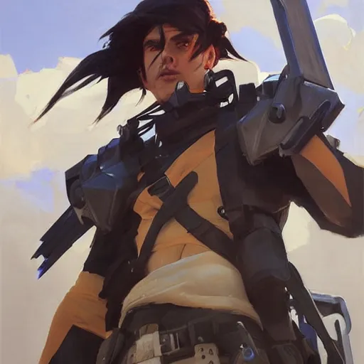 Image similar to greg manchess portrait painting of eren jager as overwatch character, medium shot, asymmetrical, profile picture, organic painting, sunny day, matte painting, bold shapes, hard edges, street art, trending on artstation, by huang guangjian and gil elvgren and sachin teng