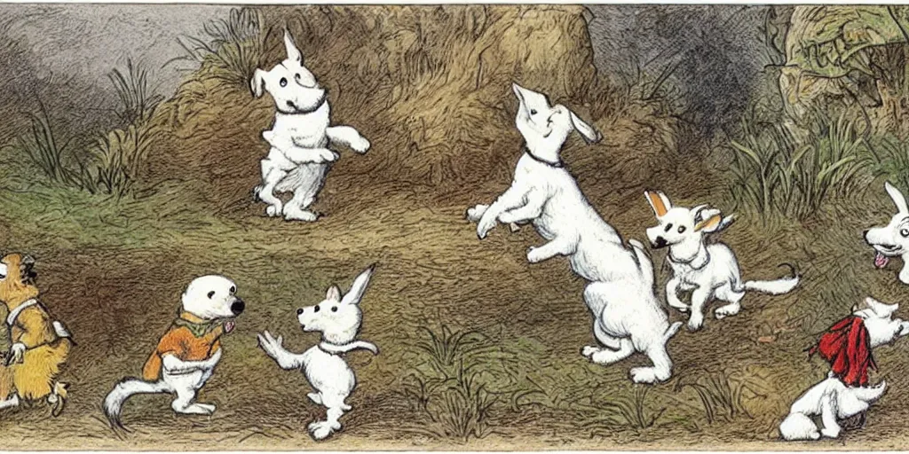 Image similar to jack russel dog, idle animation, sprite sheet illustrated by peggy fortnum and beatrix potter and sir john tenniel