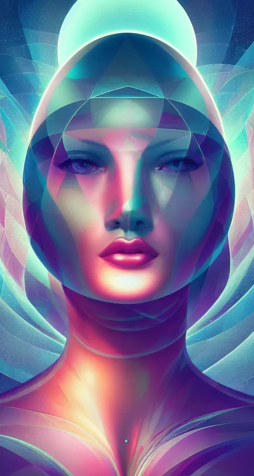 Prompt: art deco close up portait of head surrounded by spheres, digital painting curvalinear clothing cinematic dramatic fluid lines otherworldly vaporwave interesting details epic composition by artgerm