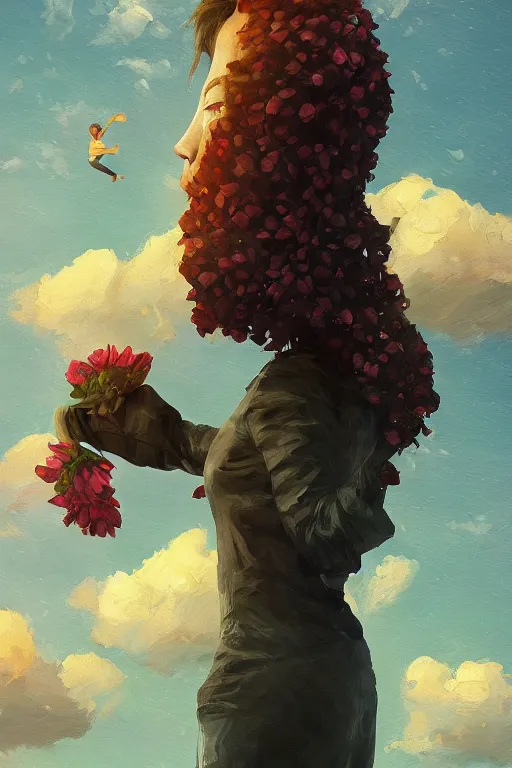 Prompt: portrait, giant flower the head, a girl standing on pillar, surreal photography, wind and cold, dramatic sky, impressionist painting, digital painting, artstation, simon stalenhag