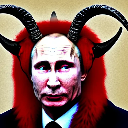 Image similar to portrait of vladimir putin in the form of a devil, with goat horns, red skin and a look of fear on his face