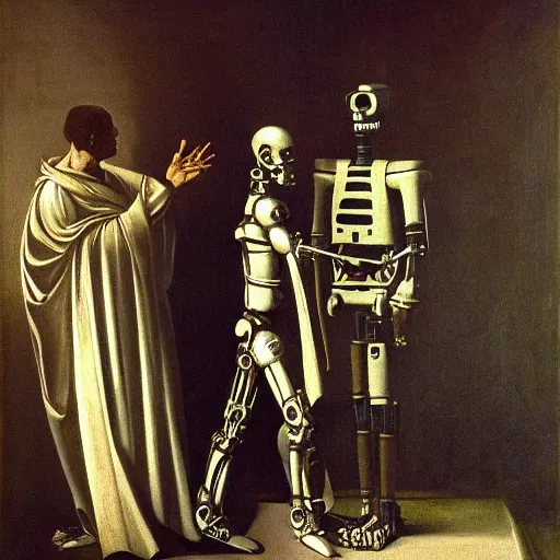 Image similar to painting of old man shaking hands with a robot in a graveyard, liminal, gothic, eerie, intricate, detailed, award winning painting, art by caravaggio,