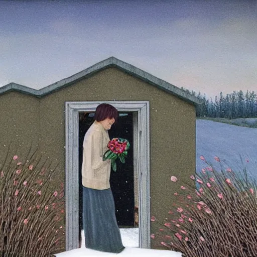 Image similar to It snows inside a ruined, roofless house. Flowers are left to wither in a vase. Painting by Alex Colville