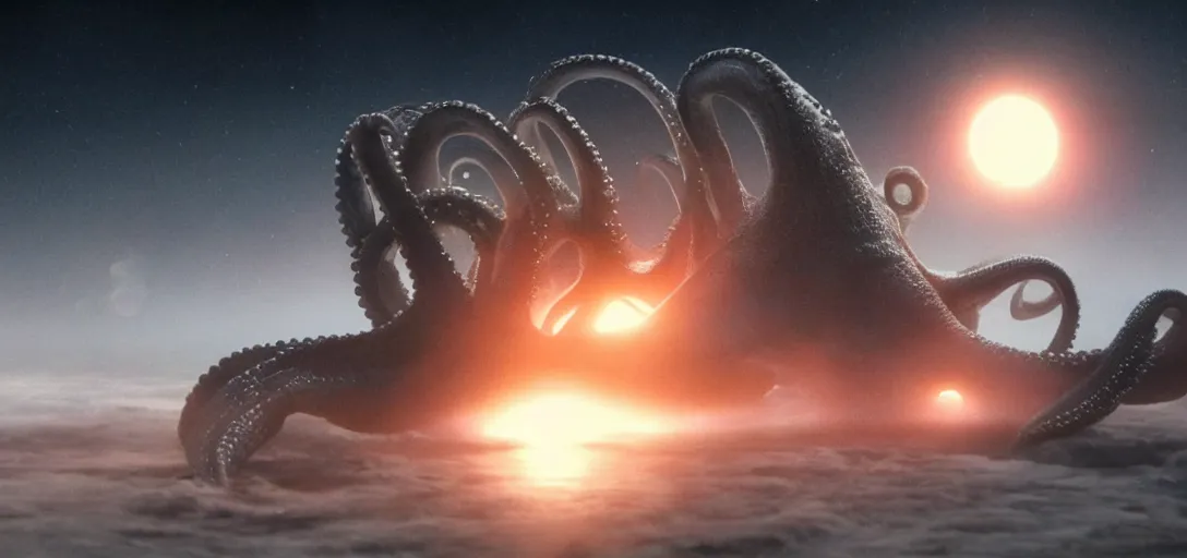 Prompt: an octopus consuming a solar system, foggy, cinematic shot, photo still from movie by denis villeneuve, wayne barlowe