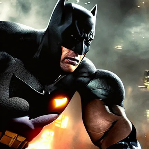 Image similar to Dwayne Johnson as batman Arkham, cinematic, epic , dramatic