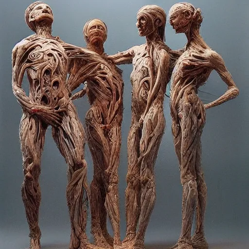 Image similar to dmt bodies. Mesh of human figures intertwined. earthen colors. Beautiful, realistic, extremely anatomical marble sculptures. Disturbing scene. Tangled human forms. A sea of bodies sculpted by August Rodine.