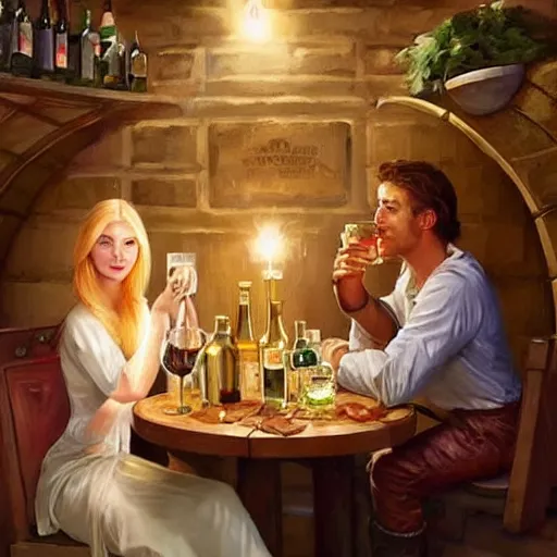 Prompt: Boba Fett and a beautiful young blonde drinking beer in a wine cellar, food, meat, schnapps, torches on the wall, romantic, inviting, cozy, painting by Vladimir Volegov