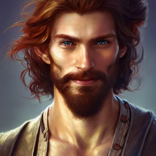 Prompt: portrait of a young ruggedly handsome but optimistic pirate, male, masculine, upper body, red hair, very long hair, d & d, fantasy, intricate, elegant, highly detailed, digital painting, artstation, concept art, matte, sharp focus, illustration, art by artgerm and greg rutkowski and alphonse mucha