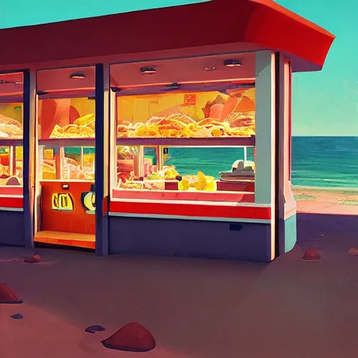 Image similar to fast food counter by the beach by simon stalenhag