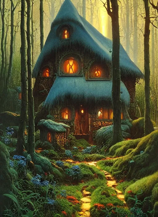 Image similar to hyper realistic witch cottage with mood lighting and technology in the woods gorgeous lighting, sunbeams blue sky, highly detailed, lush forest foliage painting by zdzisław beksinski and norman rockwell and greg rutkowski weta studio, and lucasfilm