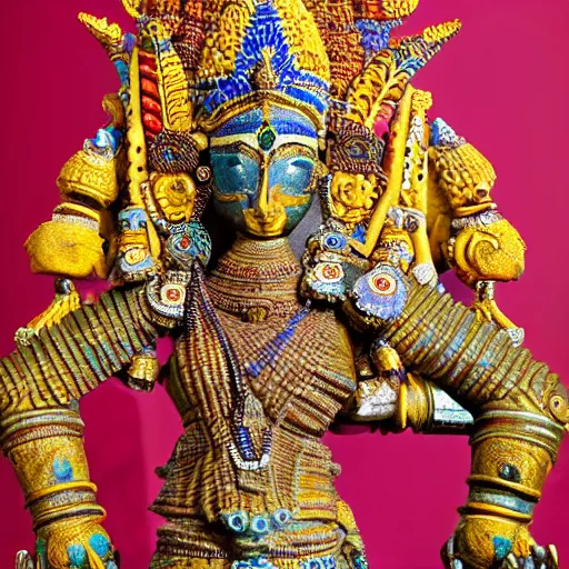 Image similar to a woman wearing an armor and head - dress. the armor and head - dress is made out of the colors, textures and sculptures of the meenakshi temple in madurai. intricate. detailed.