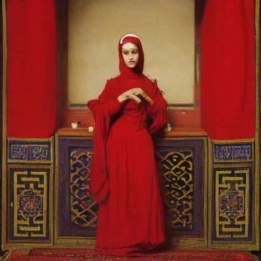 Prompt: orientalist portrait of a moorish woman wearing a red dress selling tapestries by Fabio Fabbi and john william waterhouse and Edwin Longsden Long and Nasreddine Dinet and Theodore Ralli trending on artstation, very coherent symmetrical artwork high detail 8k