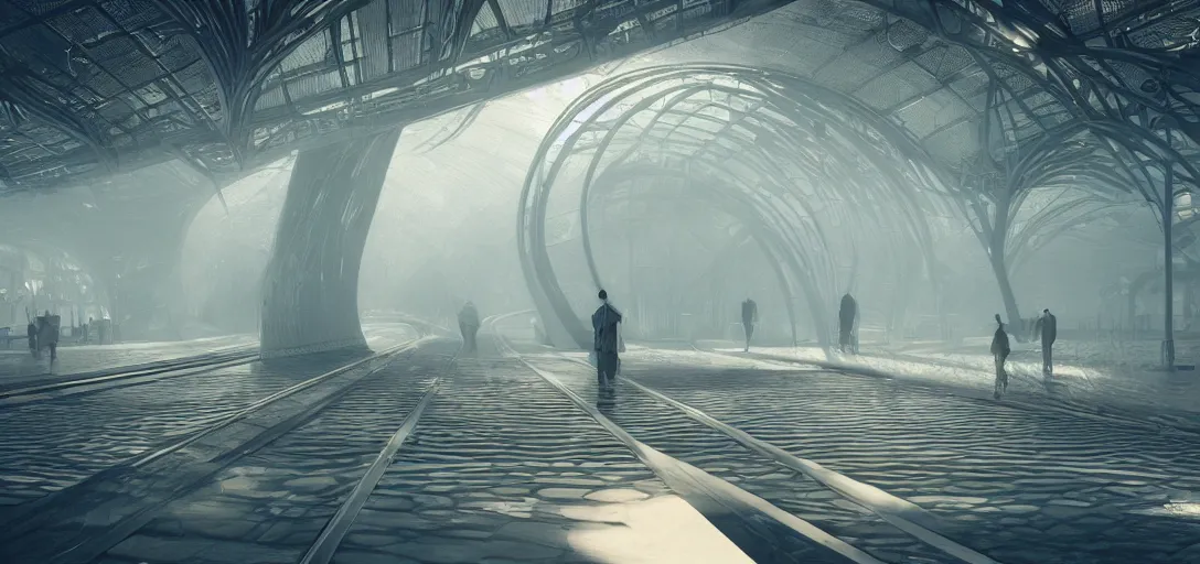 Prompt: a complex organic fractal 3 d metallic symbiotic ceramic duck shaped megastructure in a train station, foggy, sun rays, cinematic shot, photo still from movie by denis villeneuve, wayne barlowe