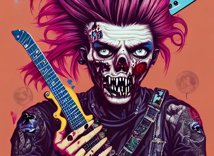 Image similar to a zombie punk rocker with a mohawk holding a stratocaster, tristan eaton, victo ngai, artgerm, rhads, ross draws