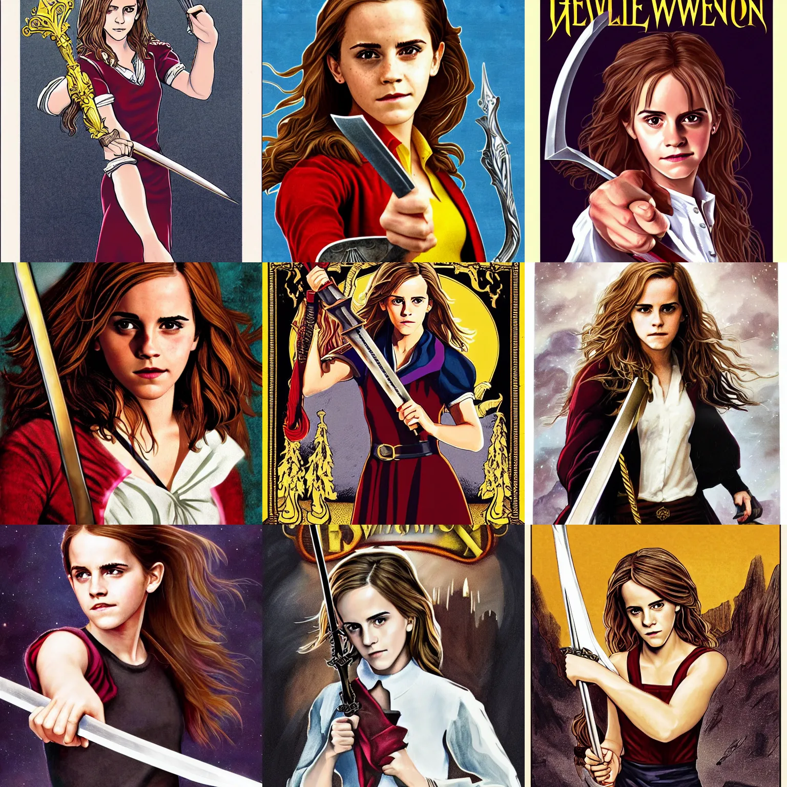 Prompt: emma watson / hermione granger holding the sword of gryffindor, cover art illustration by mary grandpre, for a book by jk rowling
