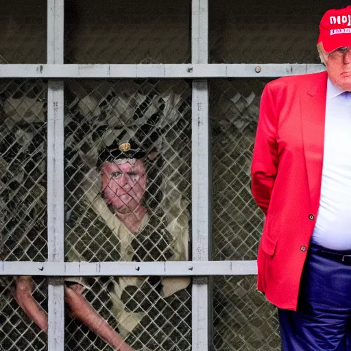 Image similar to donald trump behind bars in prison fatigues