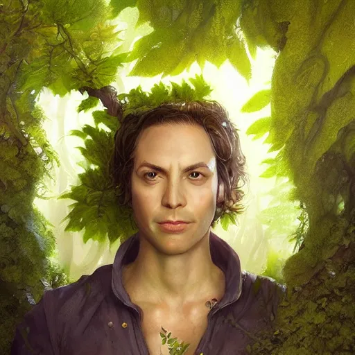 Image similar to sam riegel as a dryad, his skin are yellow leaves portrait, highly detailed, headshot, digital painting, trending on artstation, concept art, sharp focus, illustration, art by artgerm and greg rutkowski and magali villeneuve