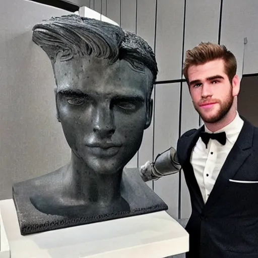 Image similar to “ a realistic detailed photo of a guy who is an attractive humanoid who is half robot and half humanoid, who is a male android, actor liam hemsworth, shiny skin, posing like a statue, blank stare, at the museum, on display ”