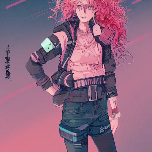 Image similar to high - angle, combat pose of a grungy cyberpunk anime, very cute, by super ss, cyberpunk fashion, curly pink hair, night sky by wlop, james jean, victo ngai, muted colors, highly detailed