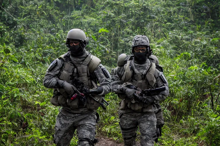 Image similar to Mercenary Special Forces soldiers in grey uniforms with black armored vest in a battlefield in the jungles 2022, Canon EOS R3, f/1.4, ISO 200, 1/160s, 8K, RAW, unedited, symmetrical balance, in-frame, combat photography