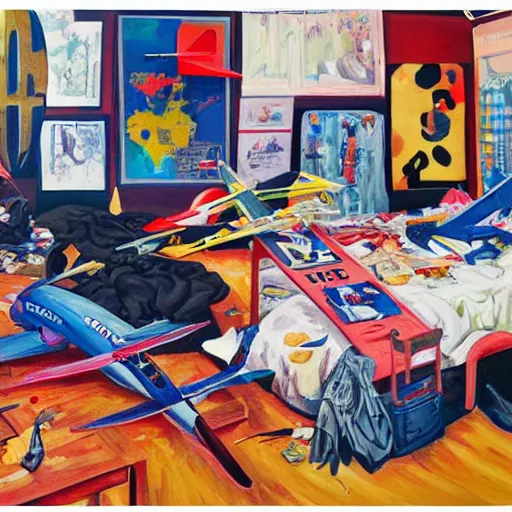 Prompt: a painting of a young teenagers messy bedroom, model airplanes, posters of airplanes, jets, kites, pile of clothes, un made bed, magazines, papers