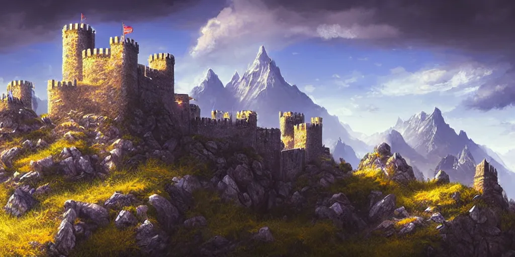 Prompt: a castle fortress on a rocky mountain side, blue sky, sunny, detailed, volumetric, cinematic lighting, realistic, digital art by greg rukowski