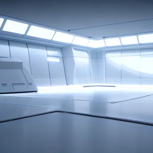 Image similar to a white room 1 2 ft long x 1 0 ft wide x 8 ft tall, geometrically perfect, clean and empty, sci fi spaceship futuristic paneling unreal engine, general studio lighting, 8 k,