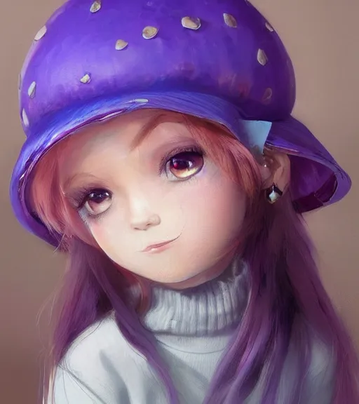 Prompt: a beautiful little girl wearing a mushroom hat sitting | | cute - fine - subtle smile, curved purple hair, face, pretty face, fine details by stanley artgerm lau, wlop, rossdraws, james jean, andrei riabovitchev, marc simonetti, and sakimichan, trending on artstation