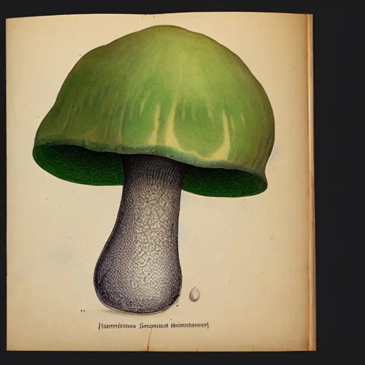 Image similar to botanical illustration of an alien mushroom. naturalist color illustration, textbook drawing, drawn on vellum, detailed illustration, nobel prize