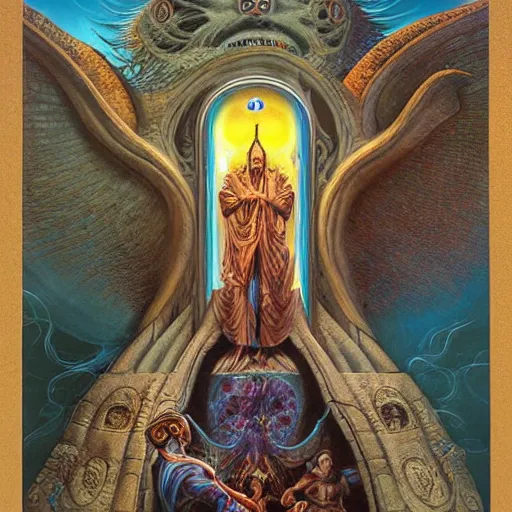 Image similar to The portal master tarot card by Tomasz Alen Kopera and Moebius and salvador dali, impressive perspective, masterpiece