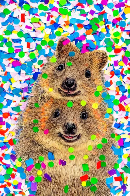 Image similar to detailed illustration, a portrait of a happy quokka on rotttnest island constructed from confetti, collage, may gibbs, layered composition, layers, texture, textured, layered, sculpted, dynamic, 🦋, 🎈,