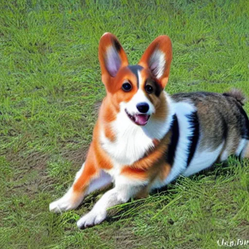 Image similar to realistic photo of corgi with saddle, cat on top of it