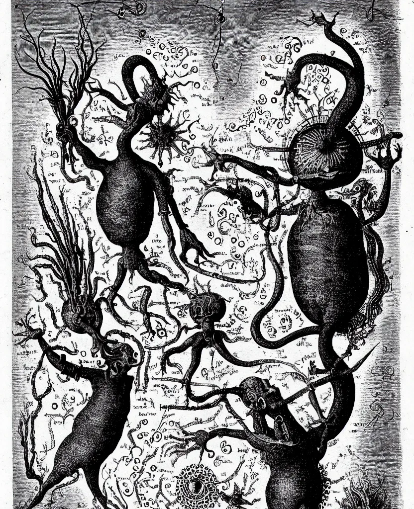 Image similar to whimsical freaky creature sings a unique canto about'as above so below'being ignited by the spirit of haeckel and robert fludd, breakthrough is iminent, glory be to the magic within