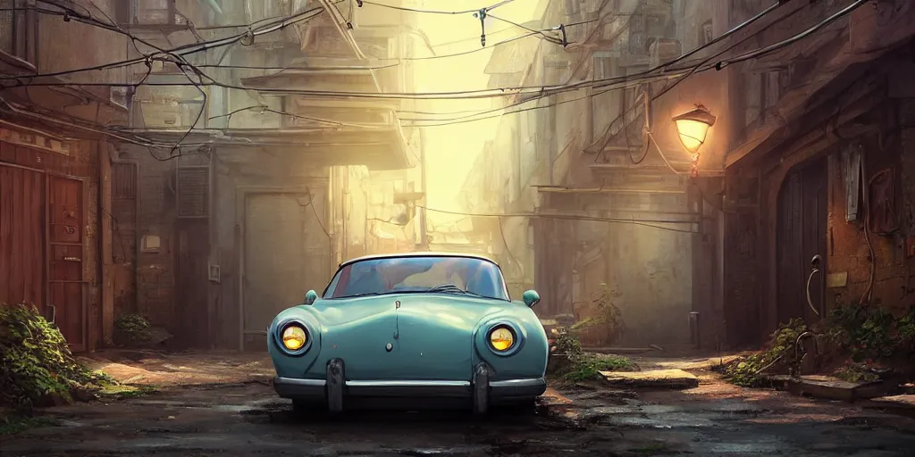 Image similar to a wholesome animation key shot of a focused old car parked in an abandoned alleyway, medium shot, waist up, studio Ghibli, Pixar and Disney animation, sharp, very detailed, high resolution, Rendered in Unreal Engine 5, anime key art by Greg Rutkowski, Bloom, dramatic lighting