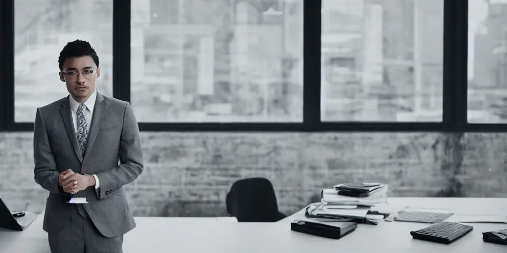 Image similar to a man in a suit and tie standing in front of a desk, colors gainsboro, gray, lightgray, linen, silver