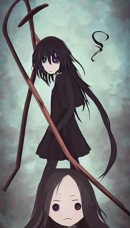 Prompt: the being death as a cute anime girl with a giant scythe from a studio ghibli film inspired by the death tarot card, dark vibes