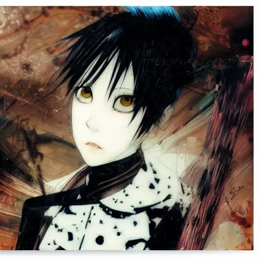 Image similar to Yoshitaka Amano realistic illustration of an anime girl with short white hair and black eyes wearing tuxedo, abstract black and white patterns on the background, noisy film grain effect, highly detailed, Renaissance oil painting, serial experiments lain color palette