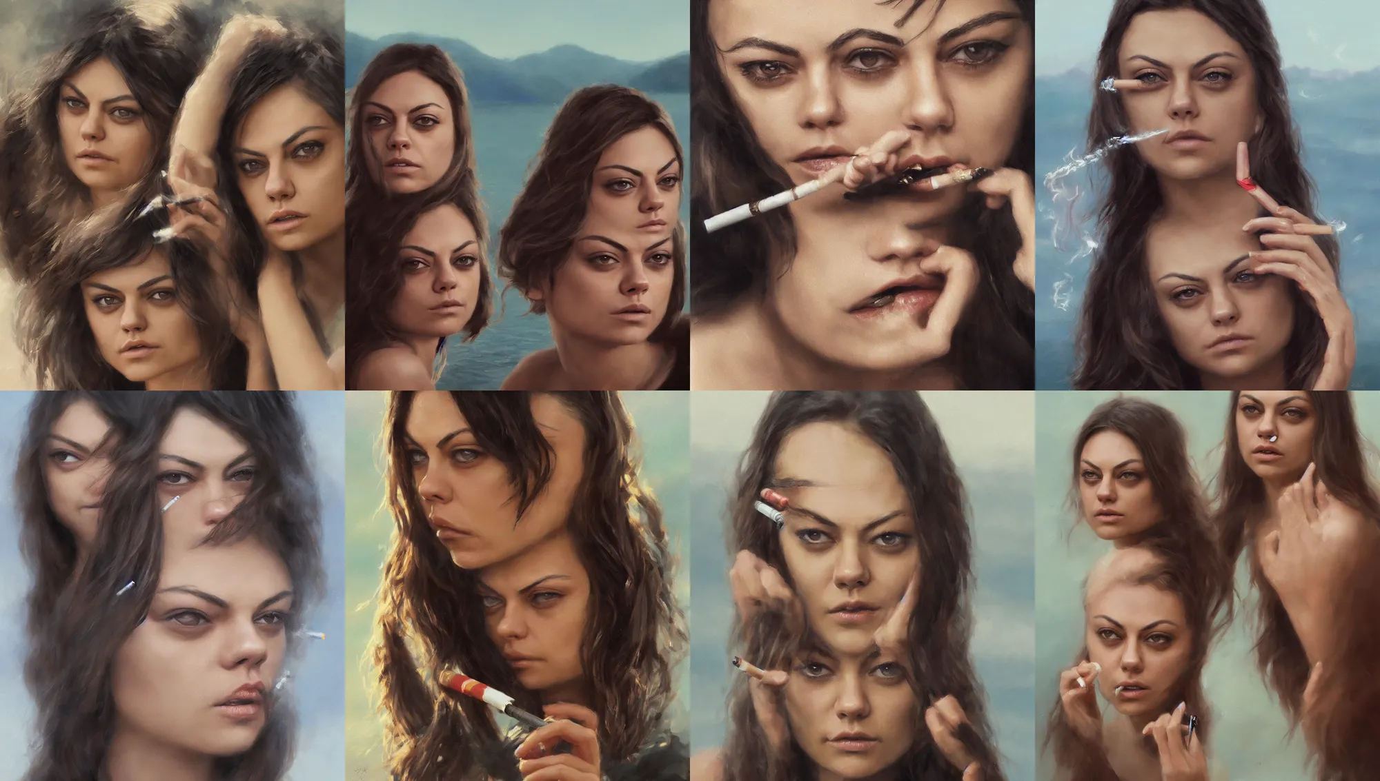 Image similar to winking mila kunis smoking a cigarette closeup portrait, dramatic light, lake background, 2 0 0 mm focal length, 1 9 7 0 s, painted by stanley lau, painted by greg rutkowski, painted by stanley artgerm, digital art, trending on artstation