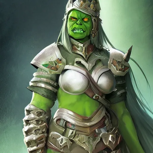 Prompt: full character portrait green orc lady in full plate armour by art style by klimt and nixeu and ian sprigger and wlop and krenz cushart