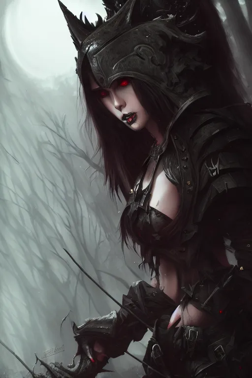 Image similar to dramatic atmospheric dark forest scenery, girl with vampire-fangs in hide leather armor, hyperdetailed, artstation, cgsociety, 8k
