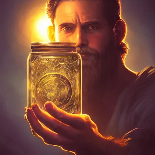 Image similar to man holding he's soul in a jar portrait, backlight, rim lighting, deep focus, d & d, fantasy, intricate, elegant, highly detailed, digital painting, artstation, concept art, matte, centered, sharp focus, illustration, hearthstone, art by artgerm, greg rutkowski and alphonse mucha