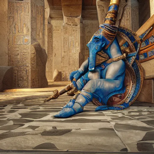 Image similar to fantasy movie scene greg rutkowski digital painting of an ornate and royal egyptian old twisted ornate runed wooden staff weapon with a blue crystal at it's tip laying on a stone altar, unreal engine, hyper realism, realistic shading, cinematic composition, blender render, octane render, hdr, detailed textures, photorealistic, 3 5 mm film