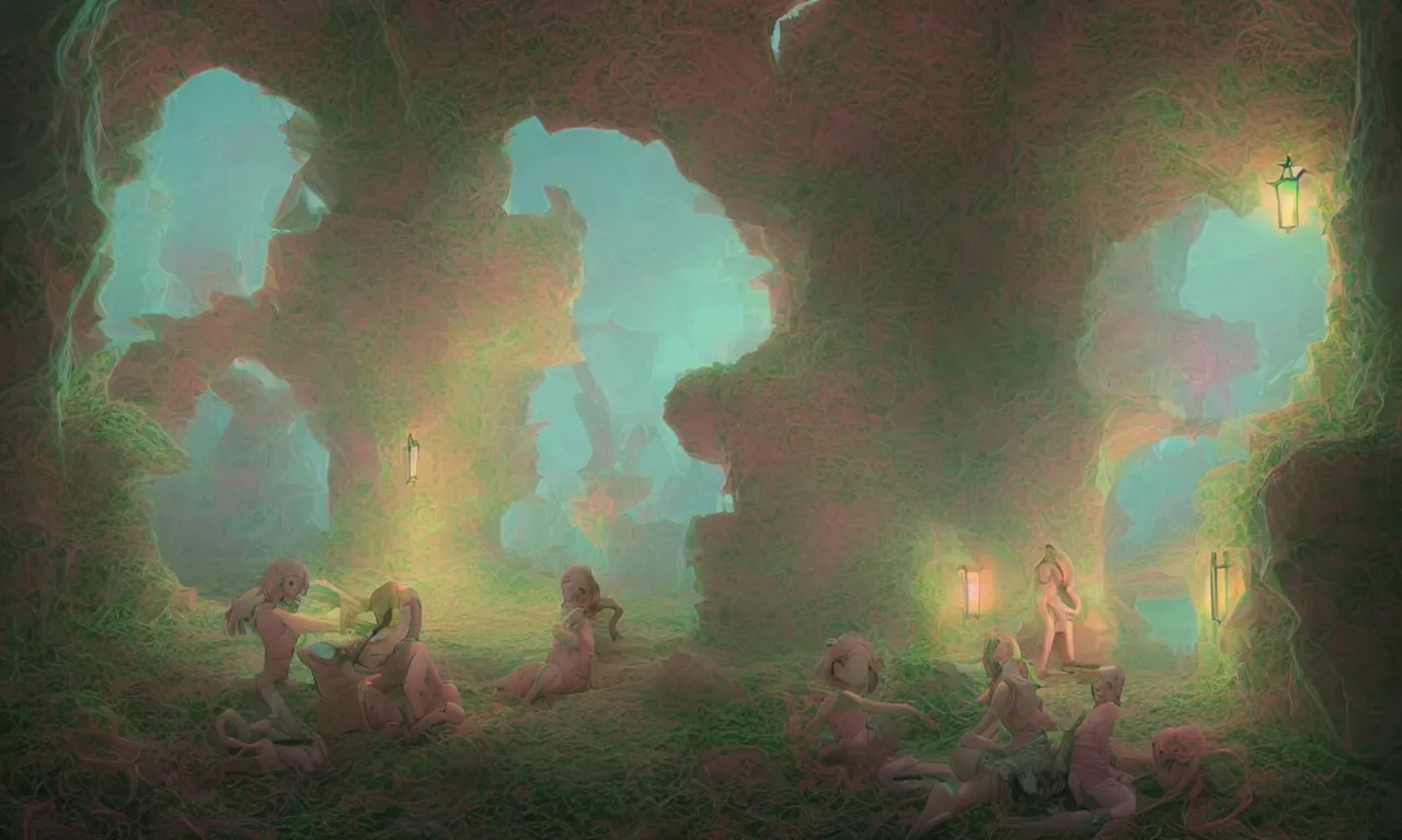 Image similar to kerberos realm, faked ticket, pastel colors, abandoned, ravine, 3 d art, digital illustration, perfect lighting