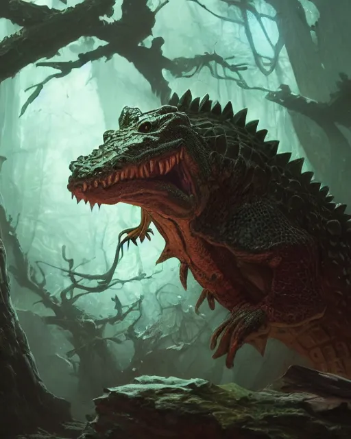 Image similar to Crocodile Shapeshifter Druid Mage, D&D, artstation, fantasy, magic the gathering artwork, cinematic lighting, centered, symmetrical, highly detailed, digital painting, , concept art, smooth, sharp focus, illustration, volumetric lighting, epic Composition, 8k, art by Akihiko Yoshida and Greg Rutkowski and Craig Mullins, oil painting, cgsociety