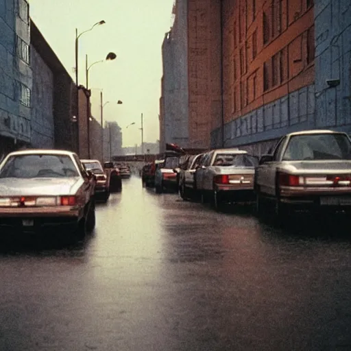 Image similar to 1990s movie still of a Norilsk street with many pedestrians with stalinist style highrise as a loading screen ,orbit space soviet city, Cinestill 800t 18mm, heavy grainy picture, very detailed, high quality, 4k panoramic, HD criterion, dramatic lightning, streetlight at night, rain, mud, foggy, soviet flags