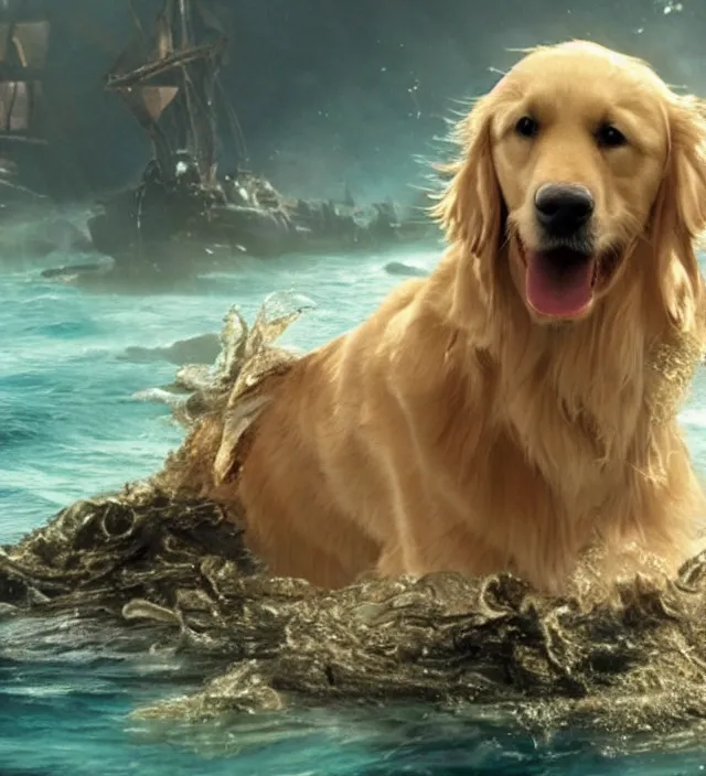 Image similar to a golden retriever as a mermaid in pirates of the caribbean, movie still frame, hd, remastered, movie grain, cinematic lighting