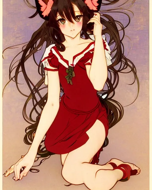 Image similar to A cute frontal fullbody painting of a beautiful anime skinny foxgirl with curly brown colored hair and fox ears on top of her head and tempting eyes wearing a cute red dress looking at the viewer, elegant, delicate, soft lines, higly detailed, smooth , pixiv art, cgsociety, artgem, art by Gil Elvgren alphonse mucha and charles reid, high quality, digital illustration, concept art