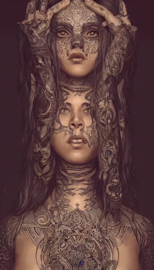 Image similar to fully tattooed girl, shaman clothing, ritual, fame of thrones, fibonacci, sweat drops, insane, intricate, highly detailed, surrealistic, digital painting, artstation, concept art, smooth, sharp focus, illustration, unreal engine 5, 8 k, art by artgerm and greg rutkowski and alphonse mucha