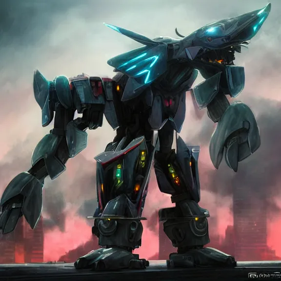 Image similar to hyper realistic, epic, highly detailed cinematic shot of a gigantic feral robot mecha canine, sharp dragon claws, cannon mounted on back, sleek armor, glowing visor, destroying city, digital art, furry art, macro art, dragon art, furaffinity, deviantart, sofurry